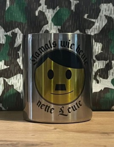 Edelstahltasse mit Karabinerhakengriff - Nettes Gesicht - Damals wie heute nette Leute Edelstahltasse mit Karabinerhakengriff - Nettes Gesicht - Damals wie heute nette Leute