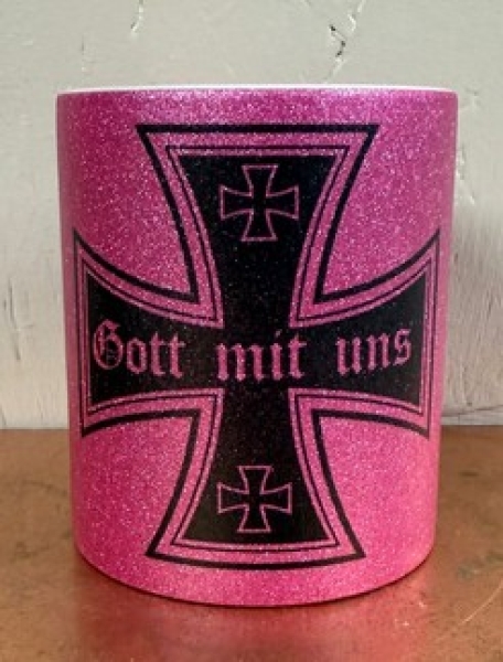 Glitzer Tasse - pruple - Eisernes Kreuz - Gott mit uns