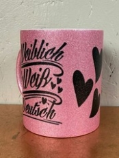 Glitzer Tasse - pink - weiblich weiß deutsch - gold/schwarz