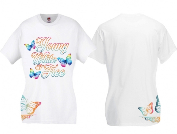 Frauen T-Shirt - young,white & free - weiß - bunt - Motiv2 Frauen T-Shirt - young,white & free - weiß - bunt - Motiv2
