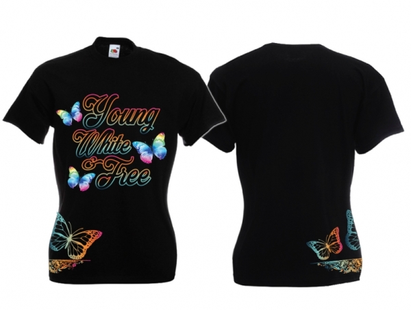 Frauen T-Shirt - young,white & free - schwarz - bunt - Motiv2 Frauen T-Shirt - young,white & free - schwarz - bunt - Motiv2