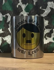 Edelstahltasse mit Karabinerhakengriff - Nettes Gesicht - Damals wie heute nette Leute Edelstahltasse mit Karabinerhakengriff - Nettes Gesicht - Damals wie heute nette Leute