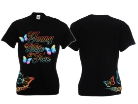 Frauen T-Shirt - young,white & free - schwarz - bunt - Motiv2 Frauen T-Shirt - young,white & free - schwarz - bunt - Motiv2